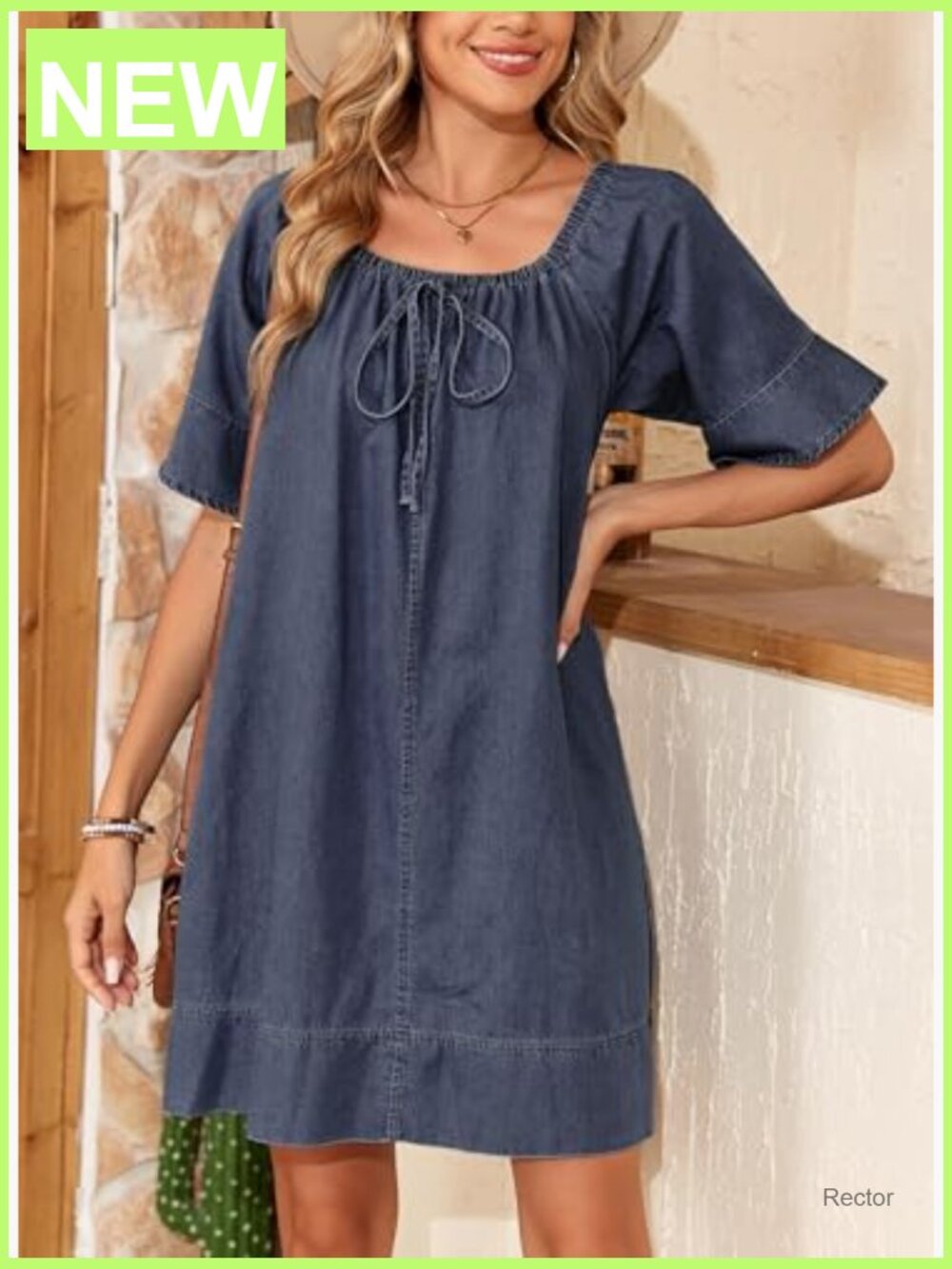 Lightweight Flowy Denim Dress Square Neck Short Sleeve Tie Knot Front - Picture 2 of 7
